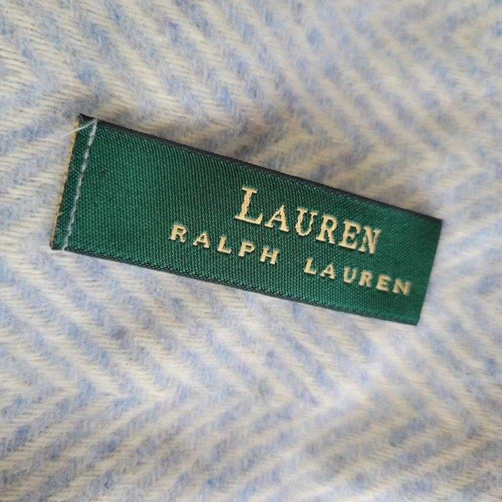 Lauren Ralph Lauren Scarf Womens OS Blue Herringbone 100% Lambswool Fringe UK